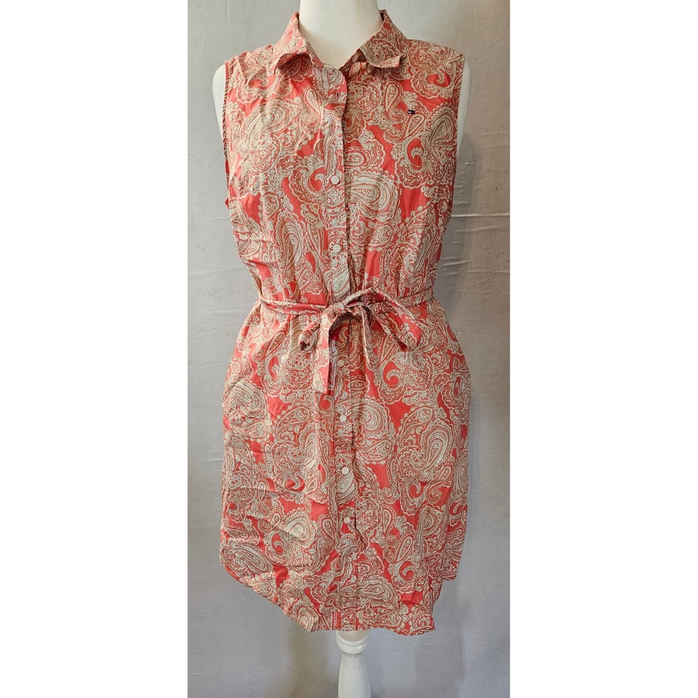 Tommy Hilfiger Womens Paisley Sleeveless Shirt Dress Coral White Size 14 Belted